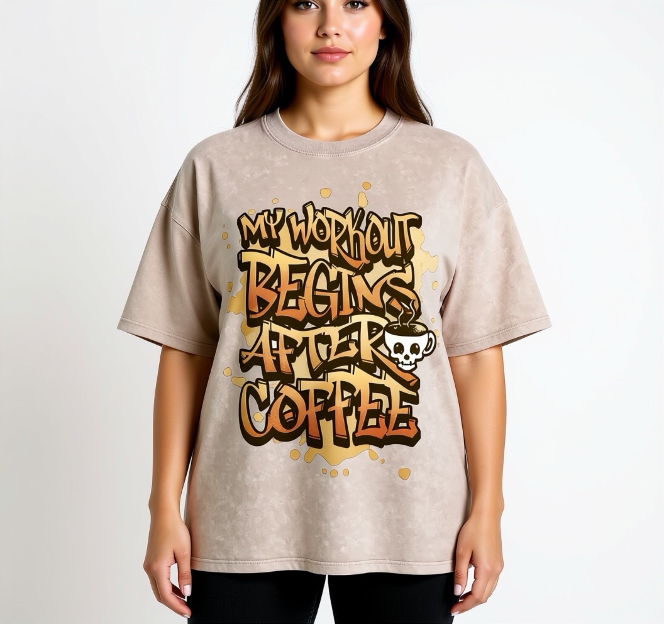 My Workout Begins After Coffee Snow Washed Oversized Cotton T-Shirt
